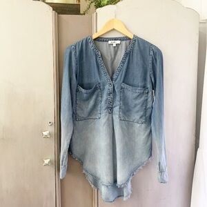 William Rast Denim Pullover Frayed Hem Chambray Denim Top
